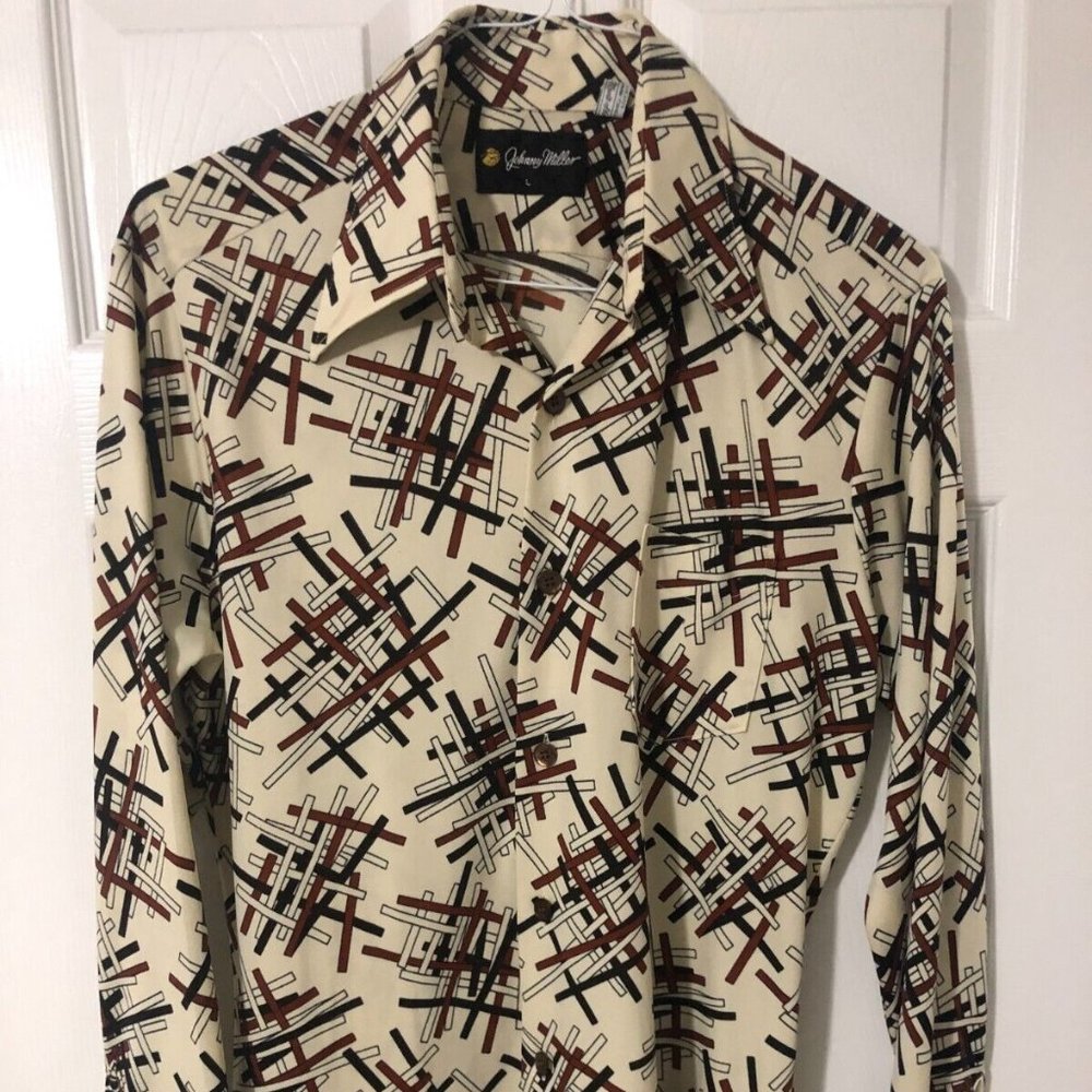 Vintage JOHNNY MILLER SEARS Disco Shirt Polyester Geometric Design Party Large